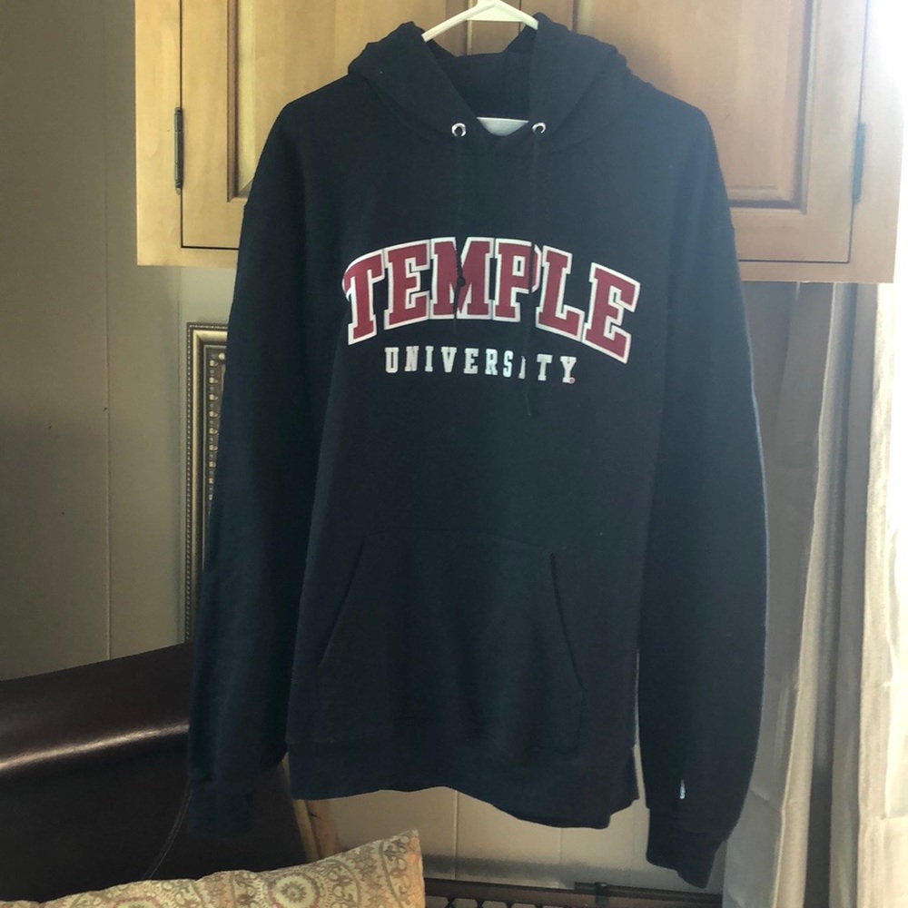 Large, Champion, Temple University, black hooded sweatshirt.